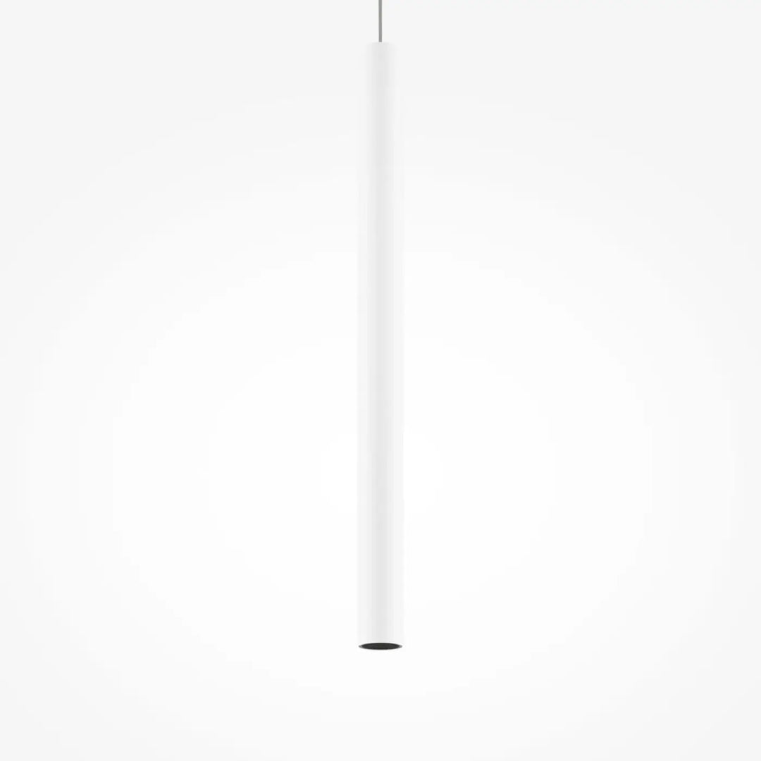 Suspension pro tube lumineux au-dessus d’un luminaire cylindre blanc mat avec base circulaire noire minimaliste
