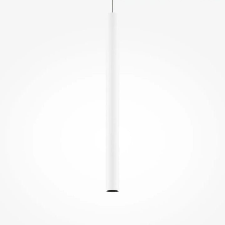 Suspension pro tube lumineux au-dessus d’un luminaire cylindre blanc mat avec base circulaire noire minimaliste