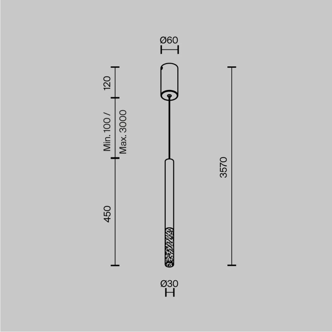 Suspension pro shade minimaliste avec abat-jour cylindrique et tige fine exposition des dimensions techniques