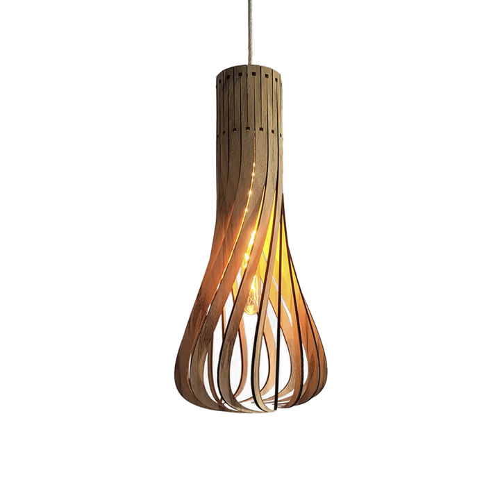 Suspension püntakapanel en bois fsc avec design moderne sculptural à lames verticales courbées couleur chaude