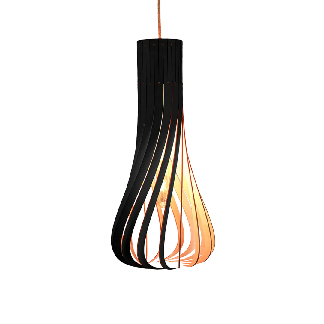 Suspension püntakapanel en bois fsc noir et tons chauds avec design moderne en lames boisées pour éclairage intérieur
