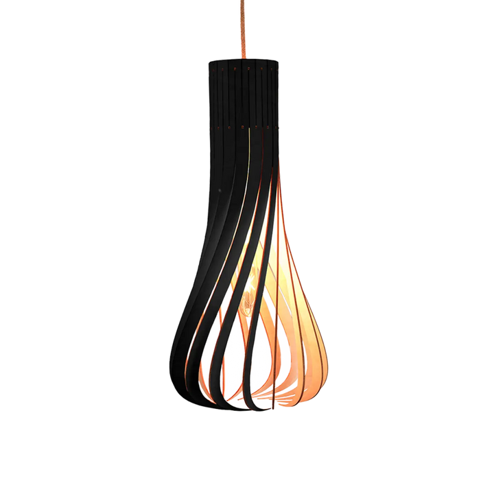 Suspension püntakapanel en bois fsc noir et tons chauds avec design moderne en lames boisées pour éclairage intérieur