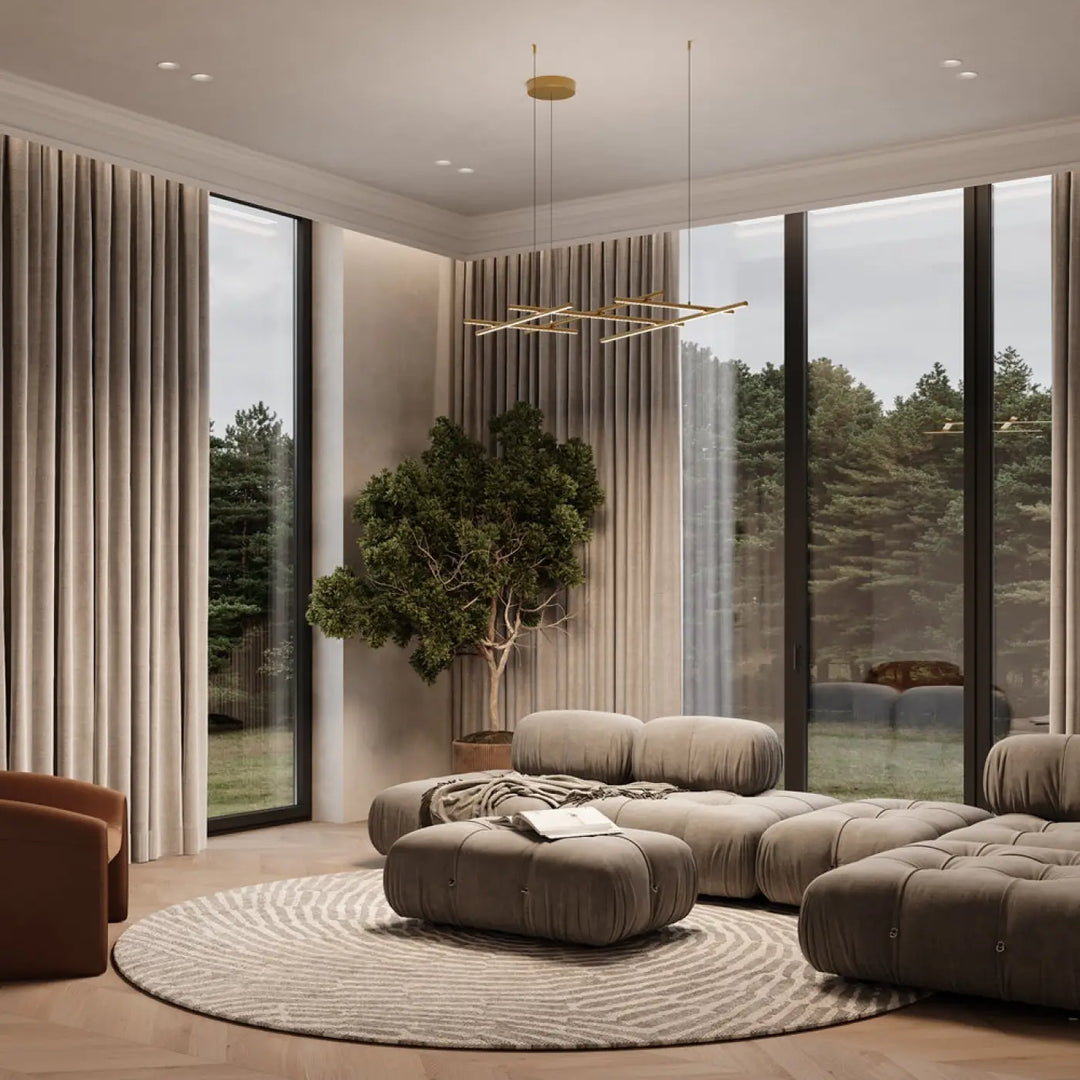 Ensemble canapé modulaire beige tufté avec sections rembourrées et ottoman assorti pour suspension radiance ramification dorée trois longueurs