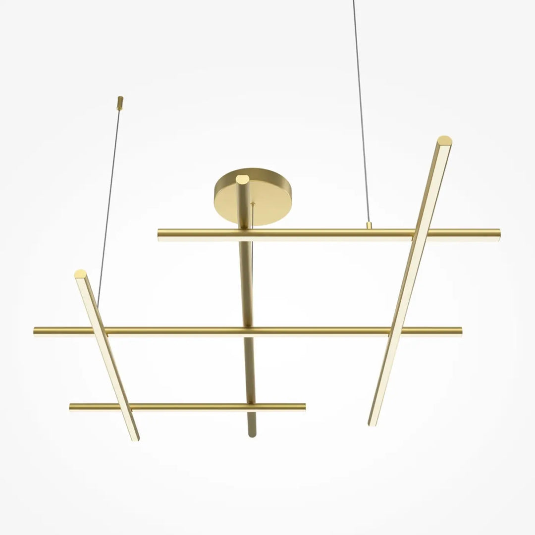 Suspension radiance ramification dorée avec barres linéaires géométriques dorées et fixation circulaire au plafond trois longueurs