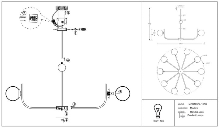 Suspension luminaire rendez vous avec verre transparent et branches dorées et plusieurs sphères lumineuses circulaires
