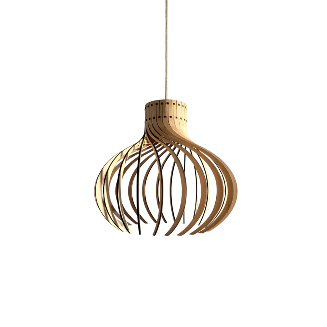Suspension rinoz piatoni en bois moderne avec design courbé et finition naturelle chaleureuse
