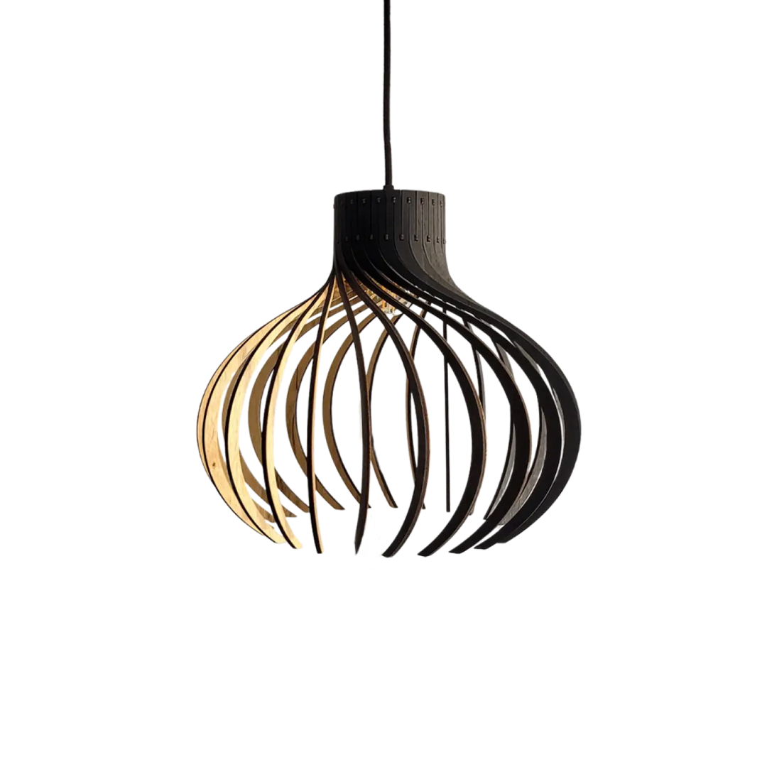 Suspension rinoz piatoni moderne avec cadre courbé en bois naturel et foncé pour éclairage élégant