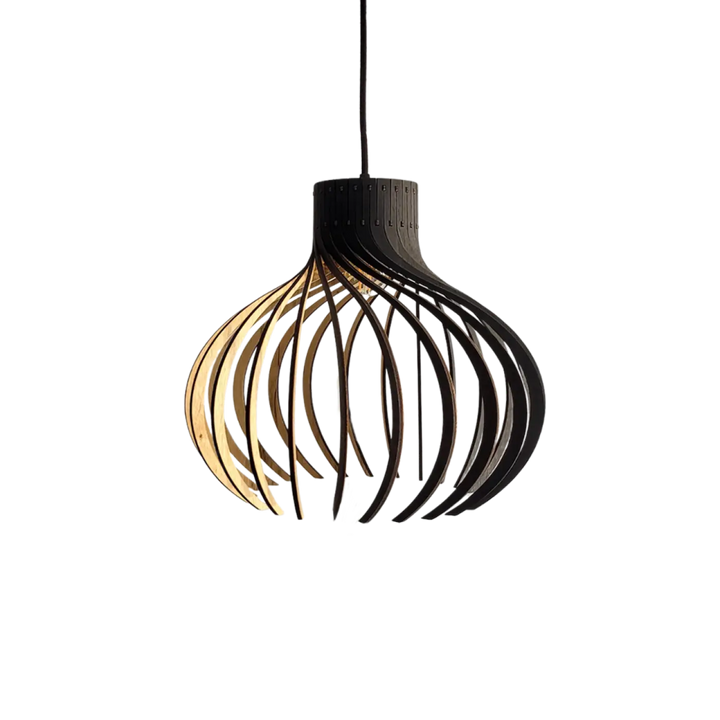 Suspension rinoz piatoni moderne avec cadre courbé en bois naturel et foncé pour éclairage élégant