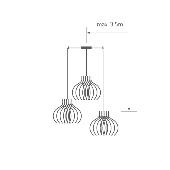 Suspension luminaire rinoz piatoni avec trois suspensions en fil courbé pour cage d’escalier minimaliste