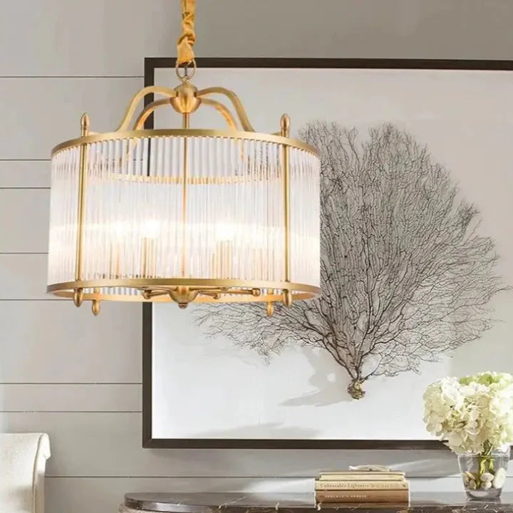 Suspension ronde vintage en verre strié doré