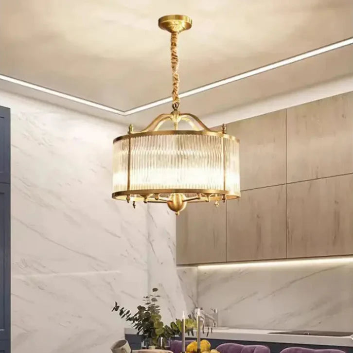 Suspension ronde vintage en verre strié doré