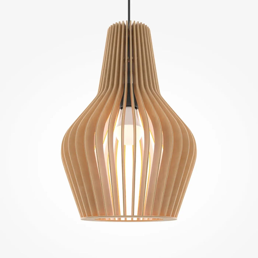 Suspension luminaire roots cage cylindrique en bois naturel avec fentes verticales élégantes et forme conique