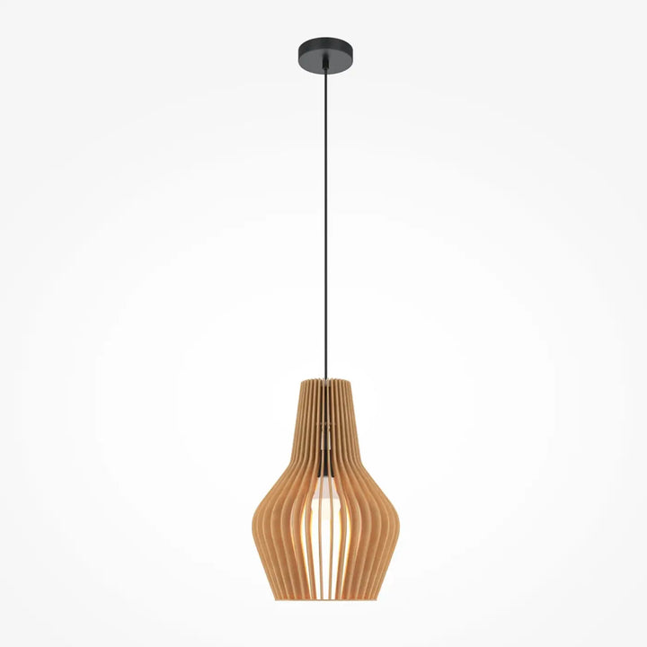 Suspension luminaire roots cage cylindrique en bois naturel avec finition chaude et métal noir élégant