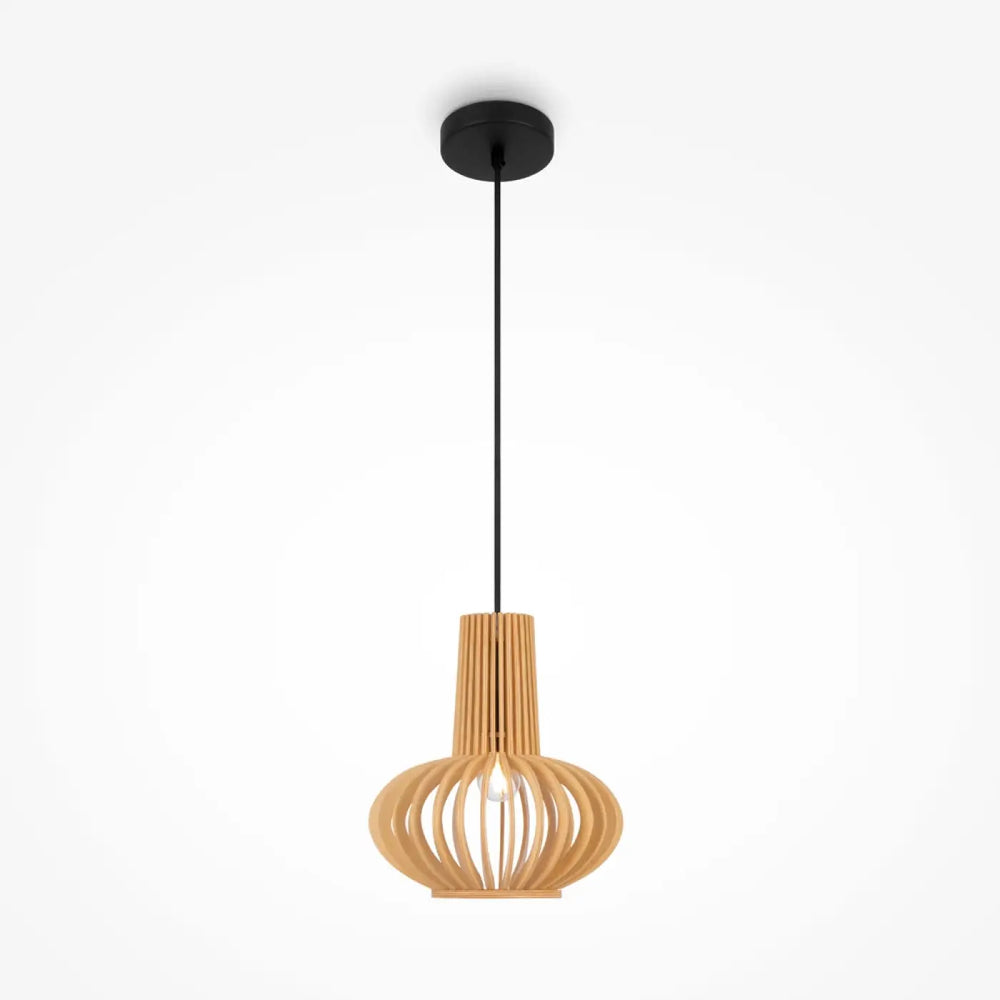 Suspension roots luminaire avec design en lattes de bois naturel et fixation plafond métal noir au-dessus d’une table