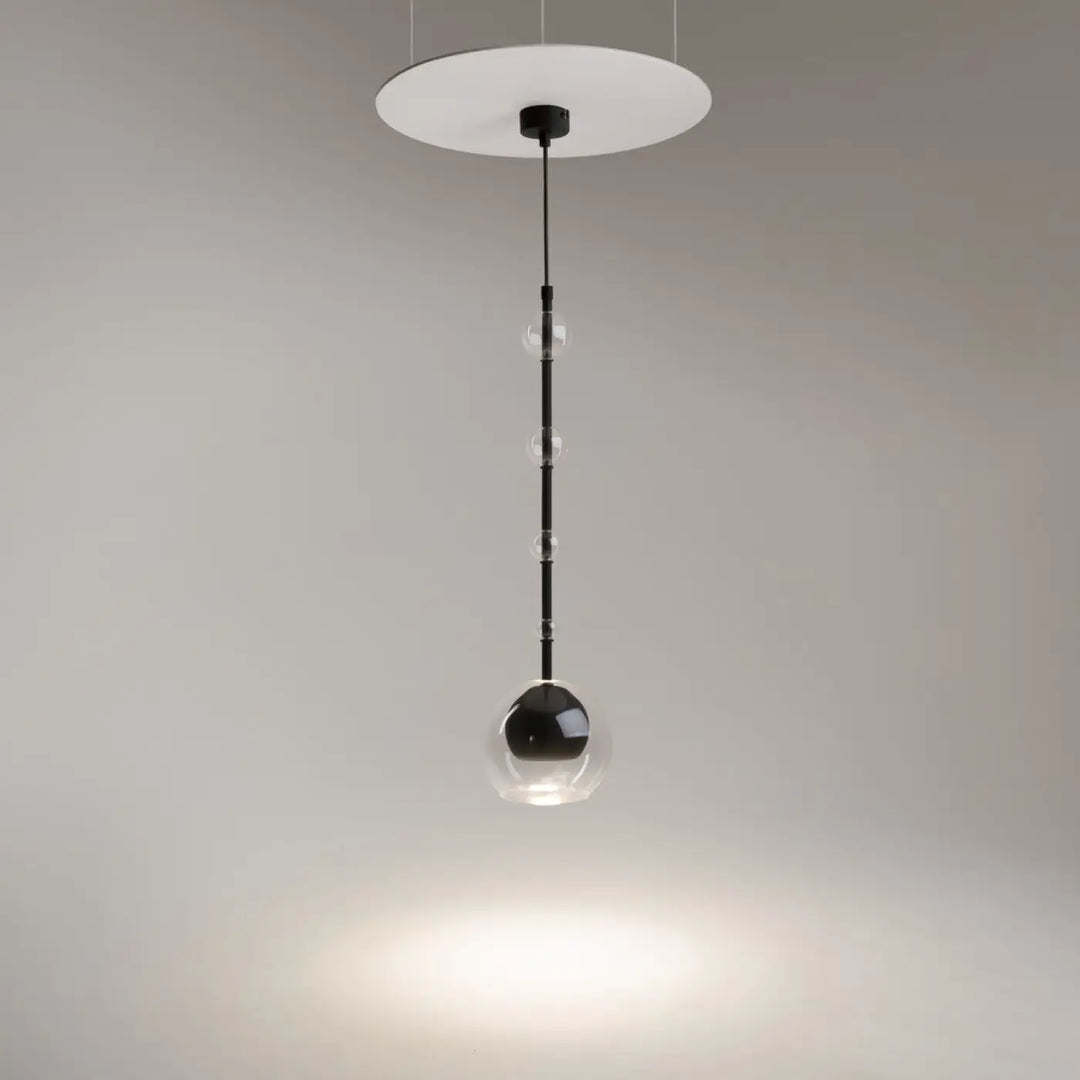 Modern suspension ros diffuseur vertical avec culot gu10 noir brillant et sphères en verre transparent sur tige centrale noire