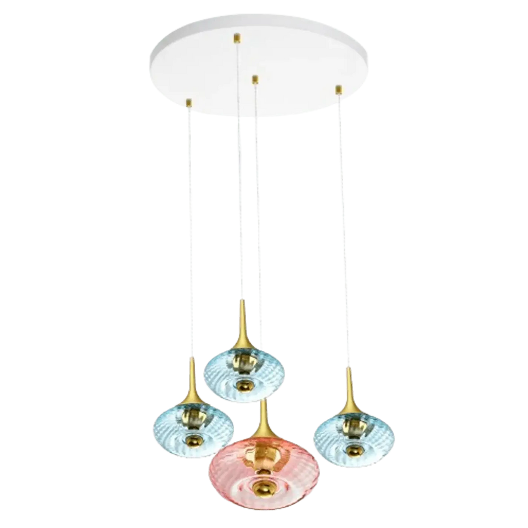 Suspension luminaire grace avec rosace grace blanche et verre soufflé bleu et rose pour points lumineux élégants