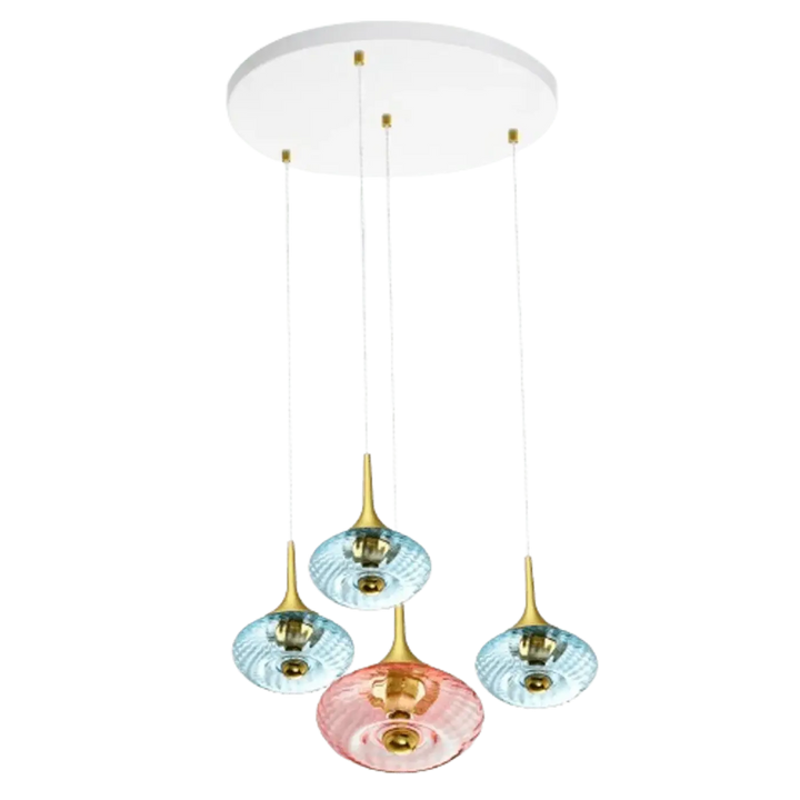 Suspension luminaire grace avec rosace grace blanche et verre soufflé bleu et rose pour points lumineux élégants