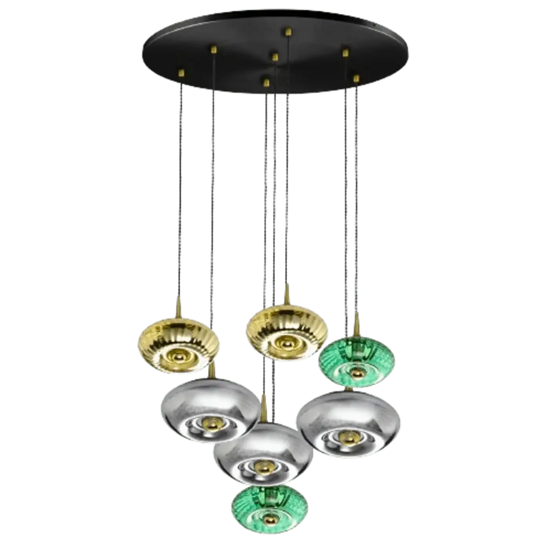 Suspension luminaire grace avec rosace grace noire, verre soufflé vert, argent et or, points lumineux sphériques modernes