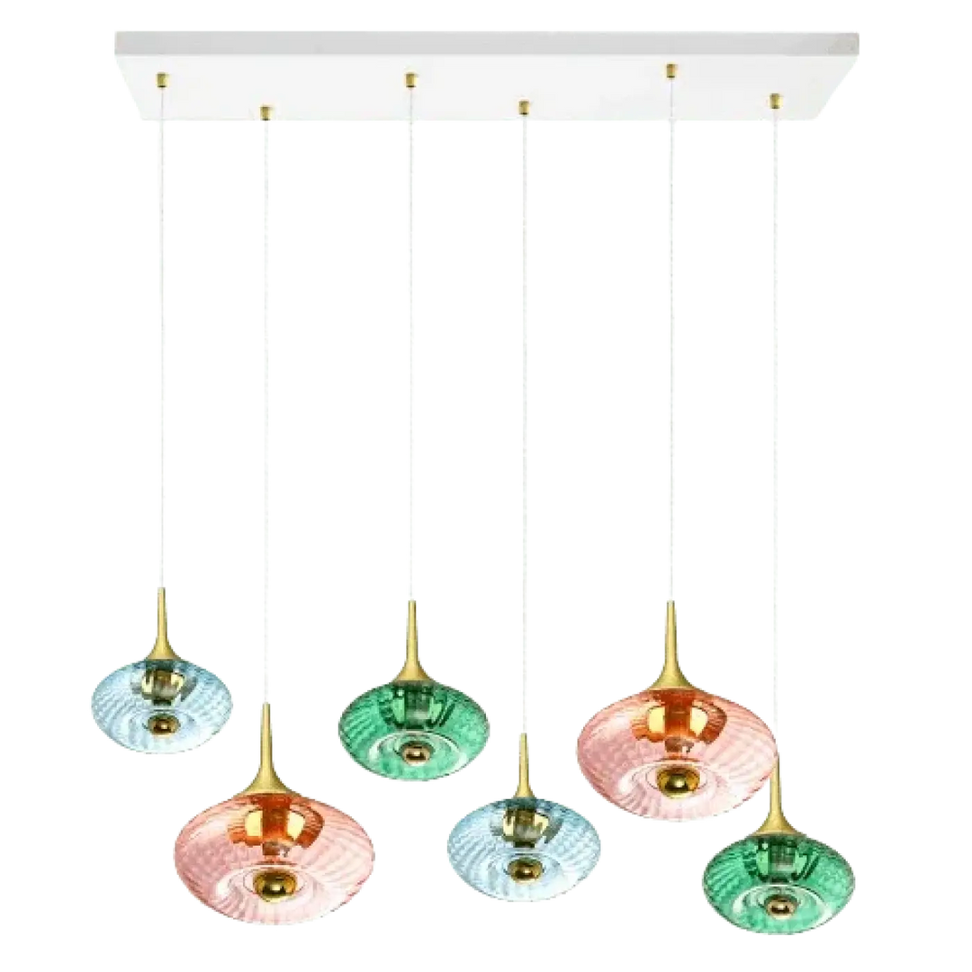 Suspension luminaire grace avec cinq points lumineux en verre soufflé pastel et rosace grace dorée