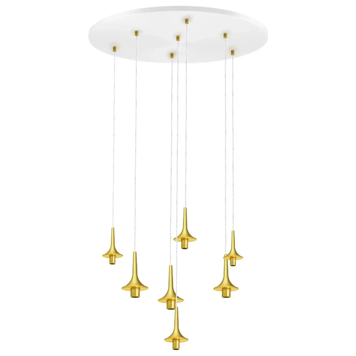 Suspension luminaire roxanne avec sept luminaires dorés en forme de trompette en verre soufflé suspension rosace roxanne solution d’éclairage moderne