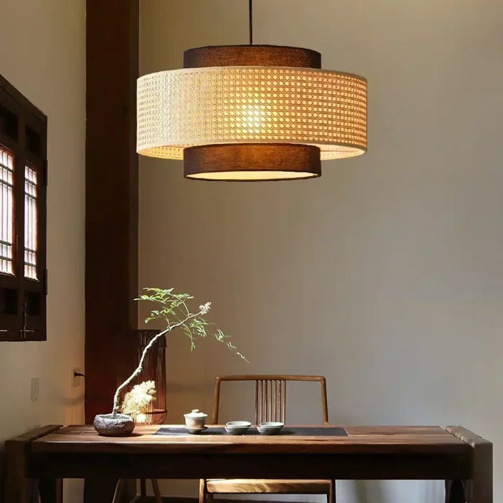 Suspension rotin design élégant forme tambour lumineux