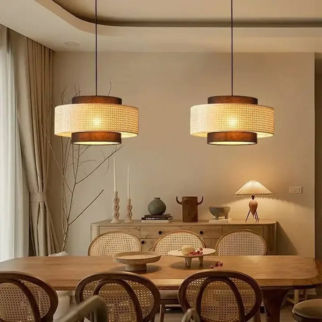 Suspension rotin design élégant forme tambour lumineux