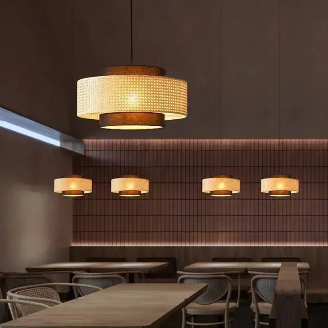 Suspension rotin design élégant forme tambour lumineux