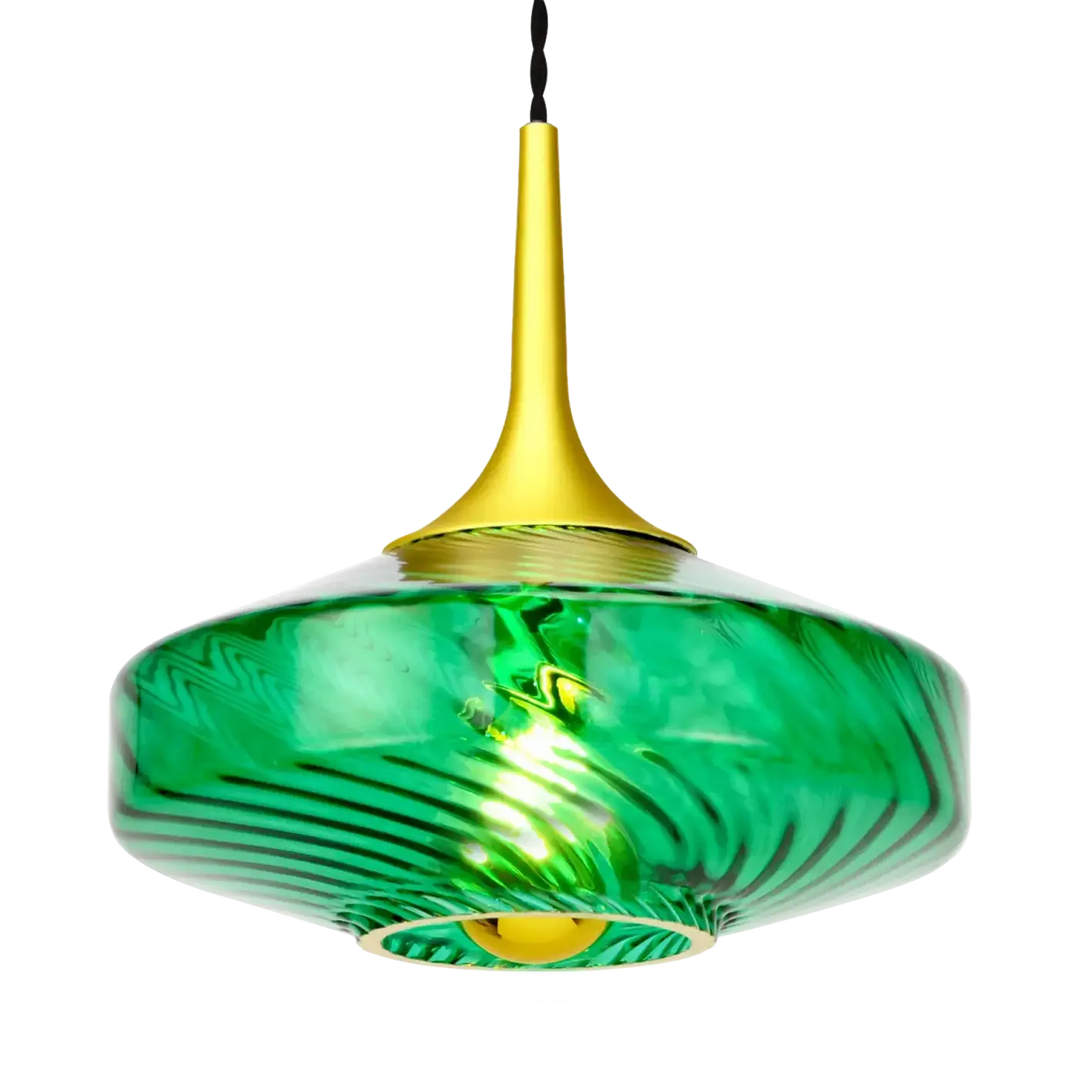 Suspension roxanne Ø20 avec abat-jour en verre vert tourbillonnant et tige en métal doré poli moderne et élégant