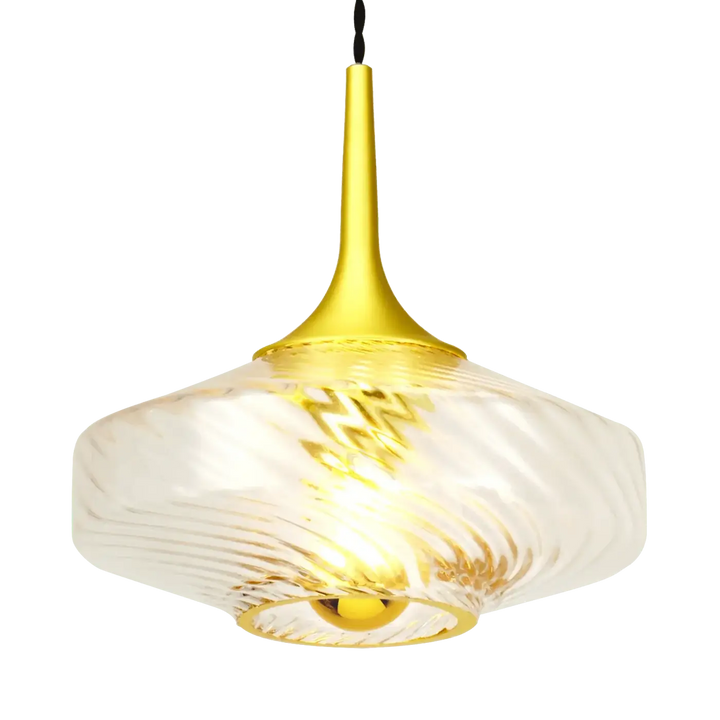 Suspension roxanne Ø20 en métal doré avec abat-jour en verre translucide à motif tourbillonnant diffusant une lumière chaude