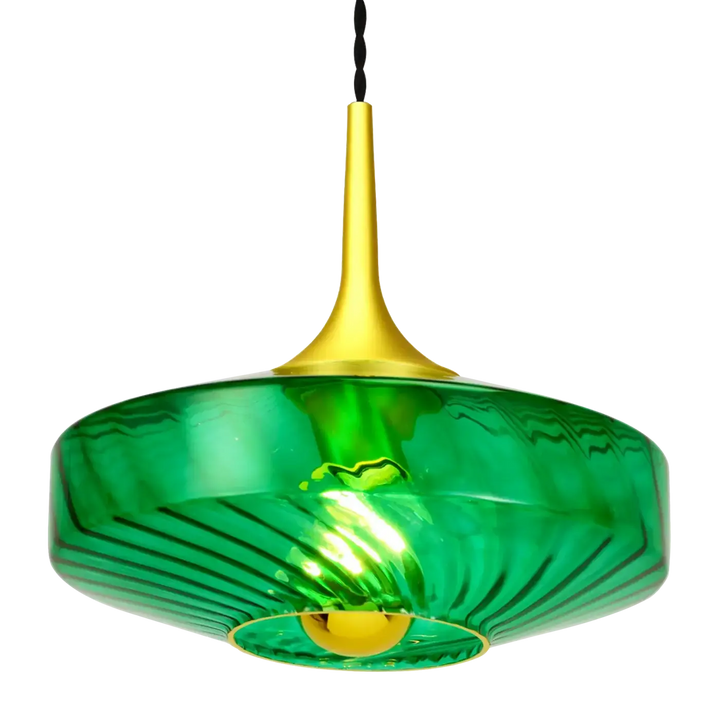 Suspension roxanne Ø20 en verre émeraude avec tige et base métalliques dorées pour un éclairage élégant