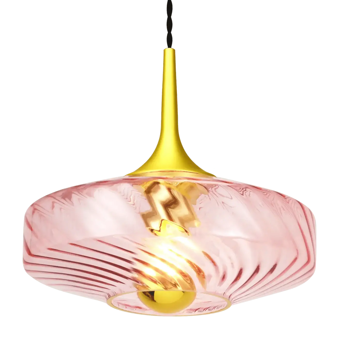 Suspension roxanne Ø20 en verre rose avec tige et socle métalliques dorés et motifs nervurés en spirale