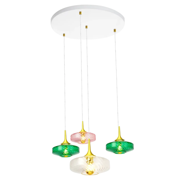 Suspension roxanne 4 lumières avec verre soufflé vert et rose, monture blanche circulaire moderne avec cordons transparents