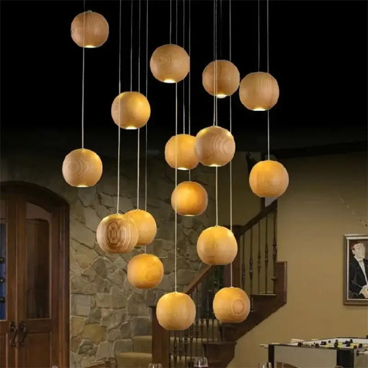 Suspension sphères en bois naturel design contemporain