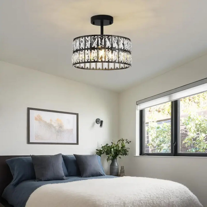 Suspension tambour noir avec cristaux style art déco