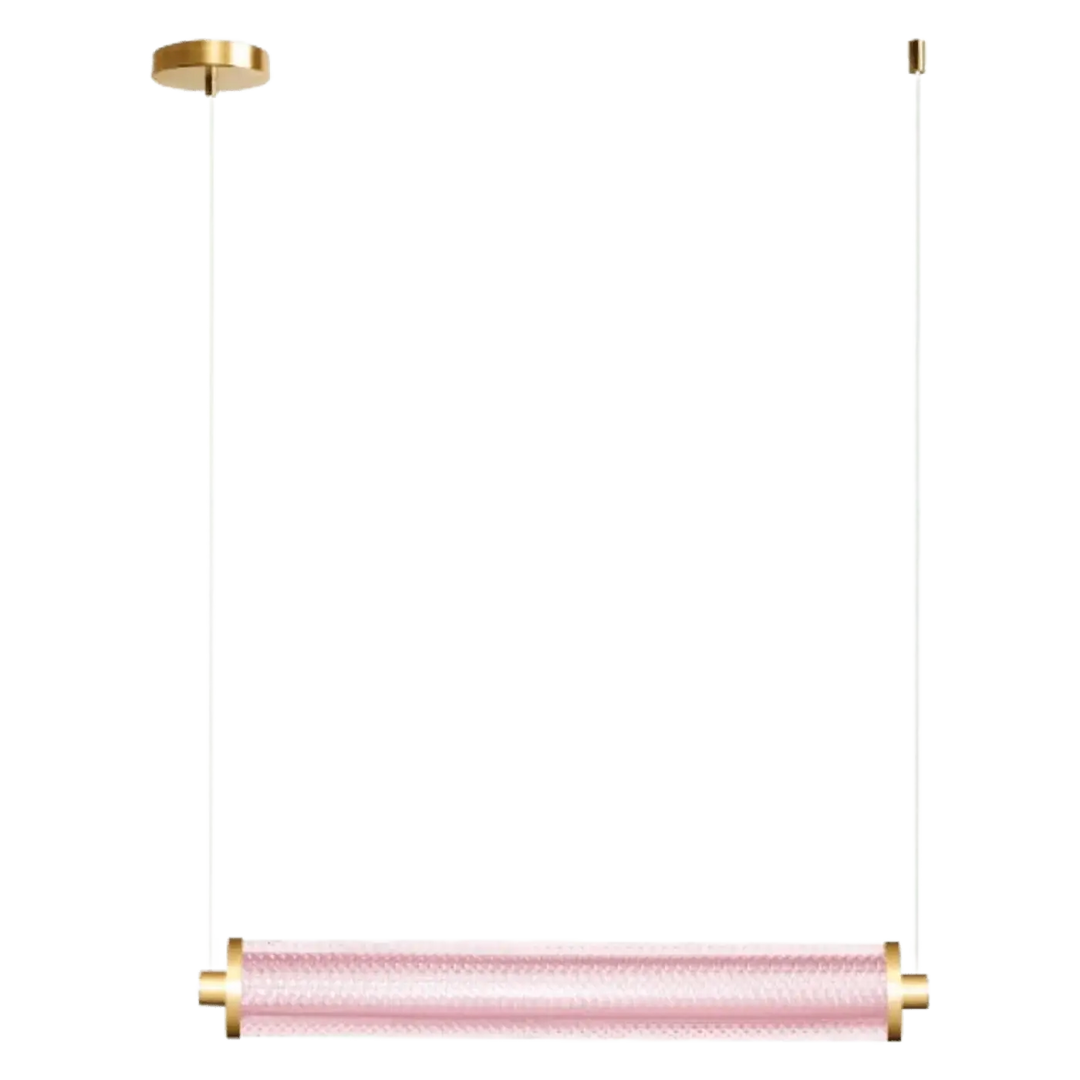 Suspension luminaire horizontale tiffany avec cylindre de verre rose translucide et supports en acrylique plus finition laiton
