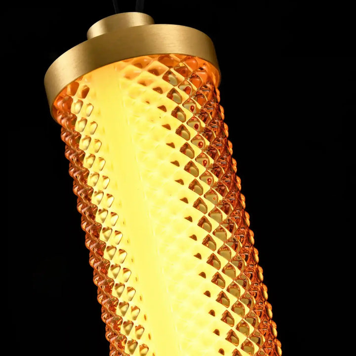 Suspension tiffany verticale en laiton doré avec corps en verre ambré texturé motif diamant pour luminaire suspension