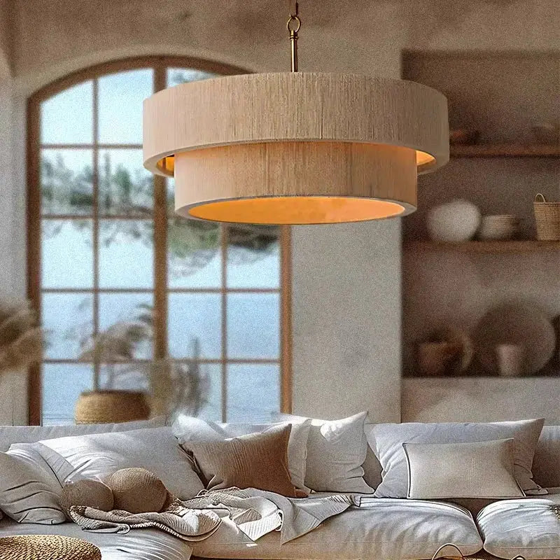 Suspension Rotin Beige Double Abat Jour Moderne