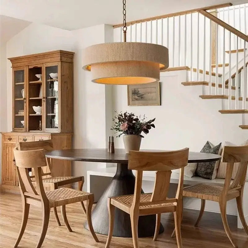 Suspension Rotin Beige Double Abat Jour Moderne
