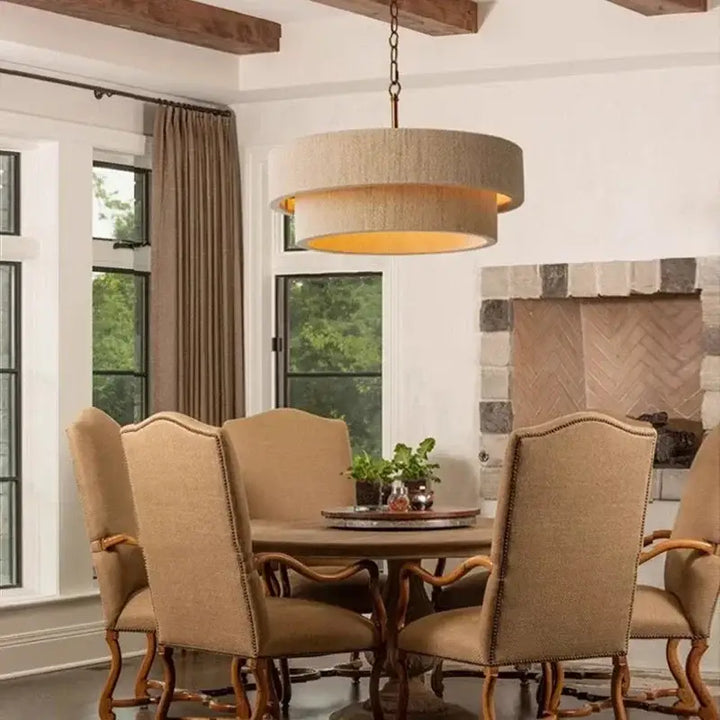 Suspension Rotin Beige Double Abat Jour Moderne