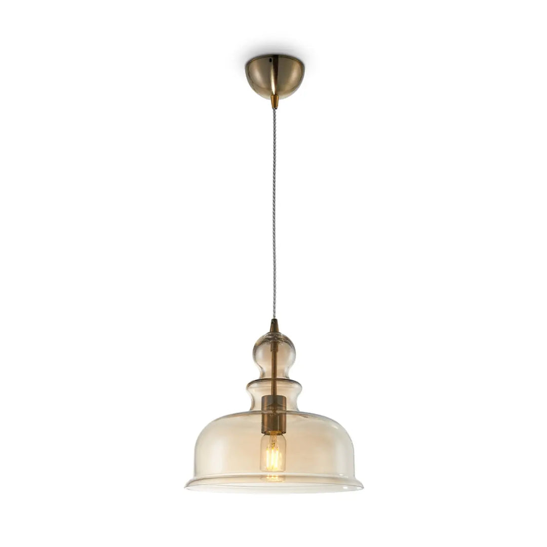 Suspension tone en laiton ancien avec verre ambré vieilli et ampoule filament visible pour un éclairage décoratif