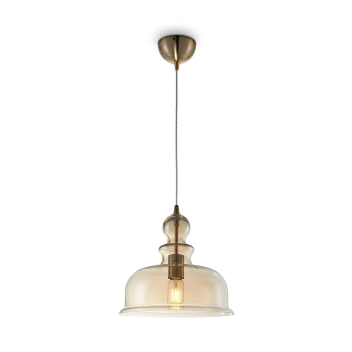 Suspension tone en laiton ancien avec verre ambré vieilli et ampoule filament visible pour un éclairage décoratif