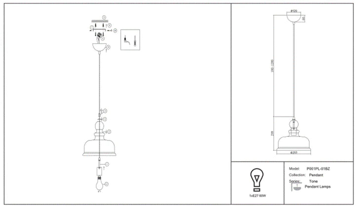 Suspension tone avec verre ambré vieilli et cadre métallique modèle p01tpl-01bz pour éclairage intérieur élégant