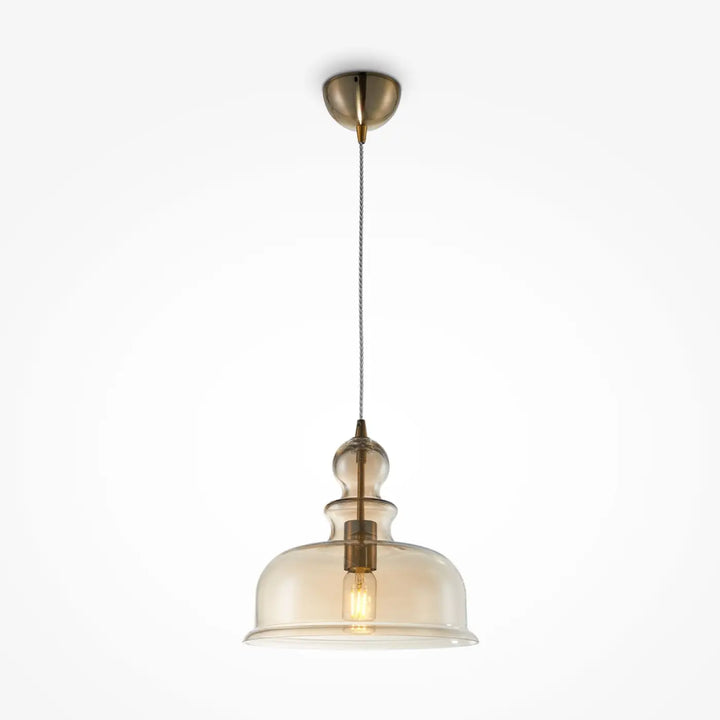 Suspension tone en laiton avec abat-jour en verre ambré vieilli et ampoule à filament visible