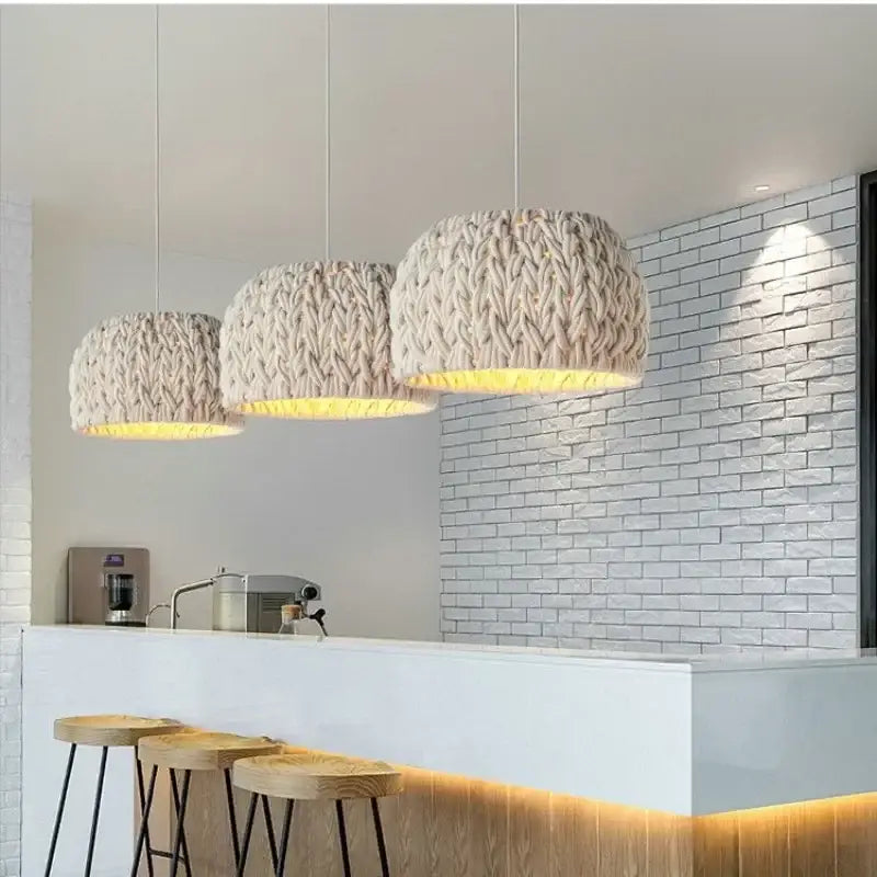 Suspension Tressée Design Beige En Laine Moderne

