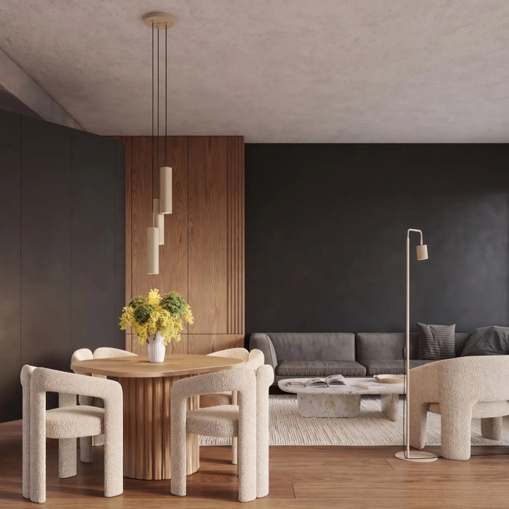 Suspension Rayo taupe à tube cannelé au-dessus d'une table à manger