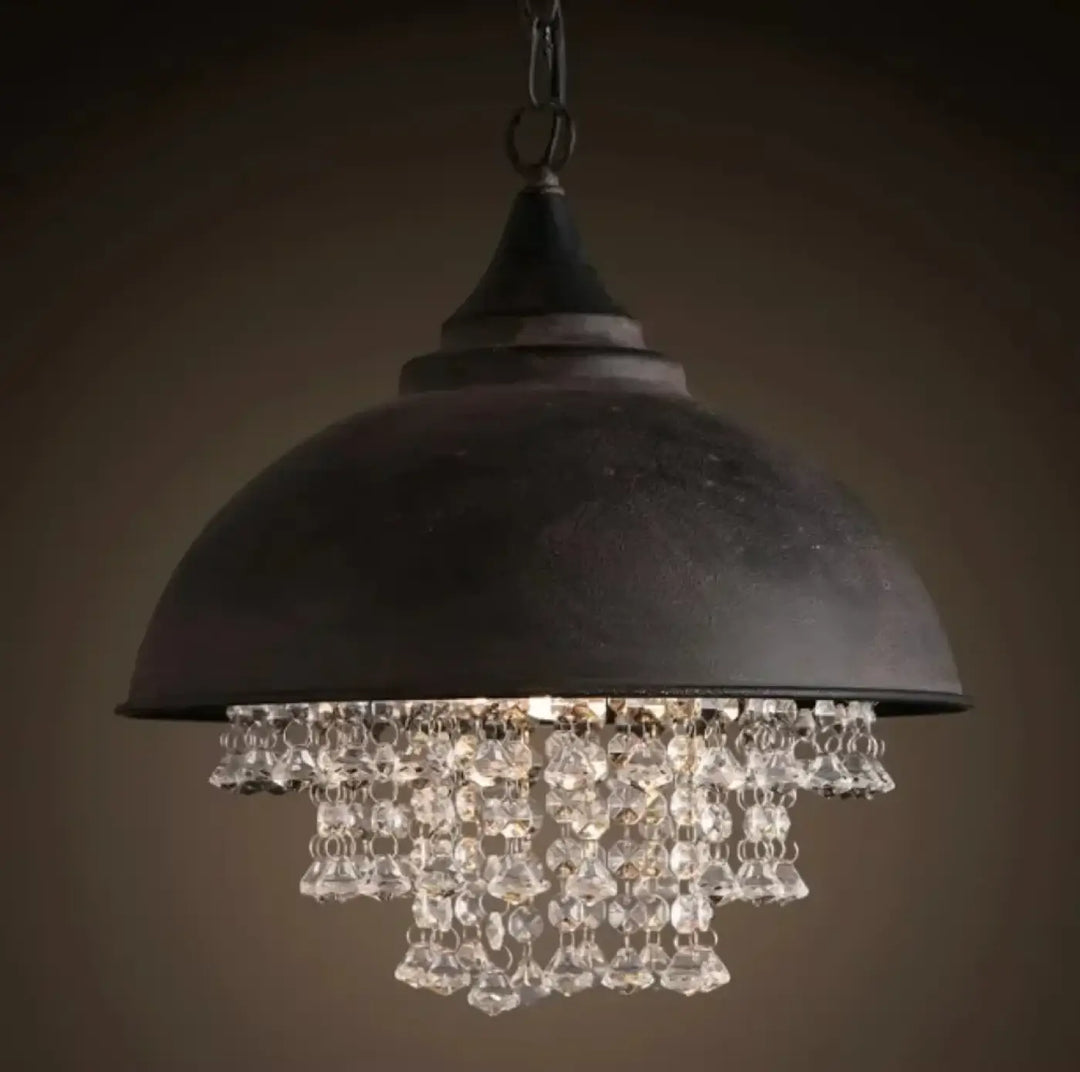 Suspension luminaire noctea en métal noir avec abat-jour en forme de dôme et perles de cristal pour décoration intérieure