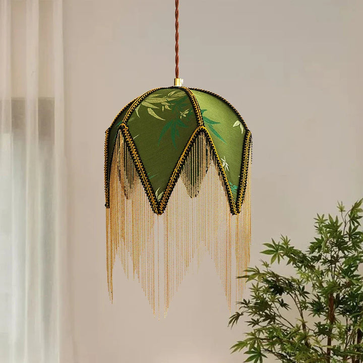 Suspension Vintage Tissu Vert Franges et Bois Design Retro


