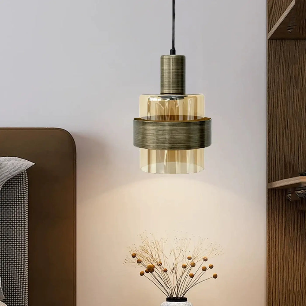 Suspension luminaire ambre en métal brossé avec verre ambré pour un éclairage vintage moderne