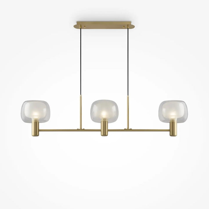 Suspension vision ligne dorée en laiton moderne avec trois globes en verre dépoli suspendus par cordons noirs style art déco