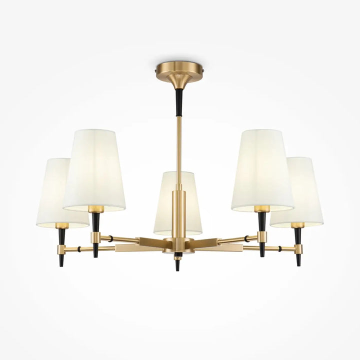 Suspension zaragoza moderne en laiton doré avec cinq abat-jour en tissu clair off-white couronne dorée